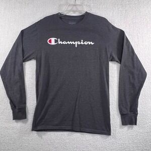 Champion Mens Gray Long Sleeve Crew Neck T Shirt Size Medium Classic‎ Logo